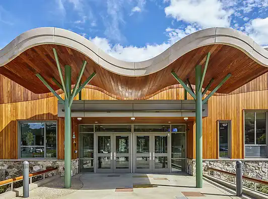 Modern building entrance features a wavy roof, wood paneling, bulletproof doors, and green tree columns.