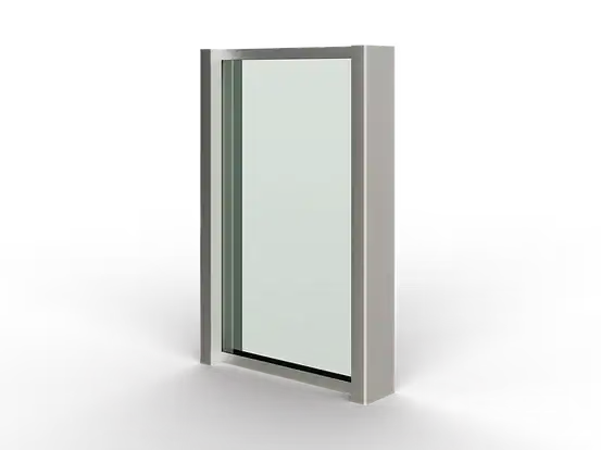 A single-pane bulletproof window with a silver metal frame is shown against a white background.