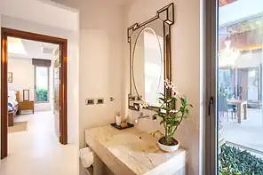 Modern bathroom with marble sink, large mirror, potted plant, and bulletproof windows facing a garden.