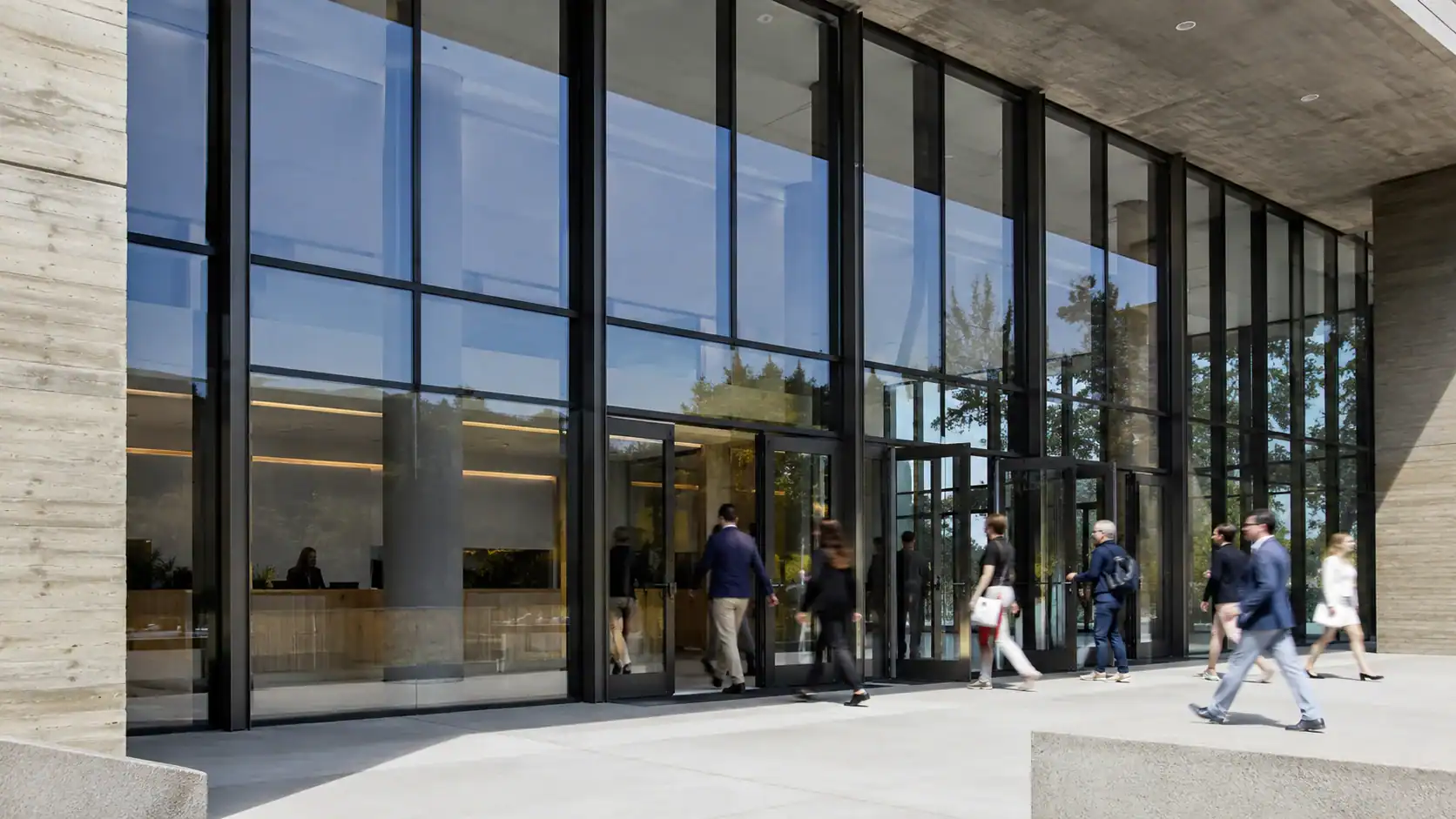 Large glazed entrance with bullet resistant storefront and curtain wall framing