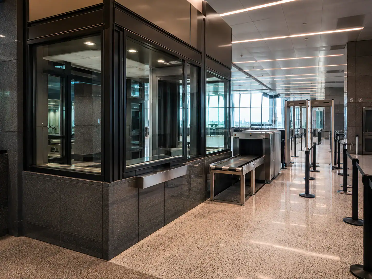 Empty airport security checkpoint with x-ray machine, metal detector, and bulletproof doors in a modern terminal.