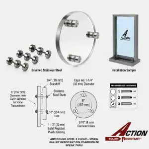 A hardware kit for bullet resistant polycarbonate window with standoffs, disc, and an installation diagram.