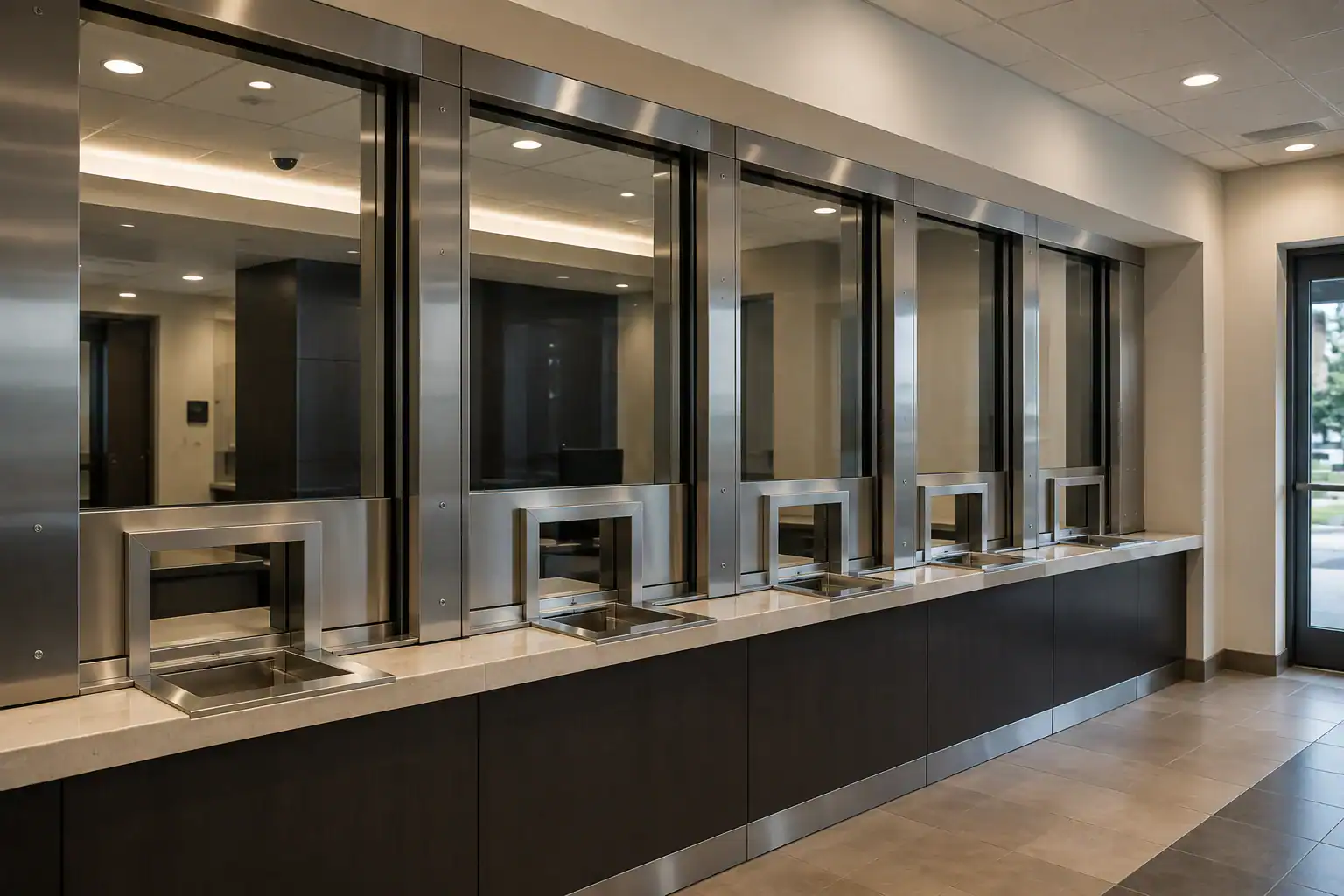 A modern building features four stainless steel bulletproof windows, tiled flooring, and a sleek design.