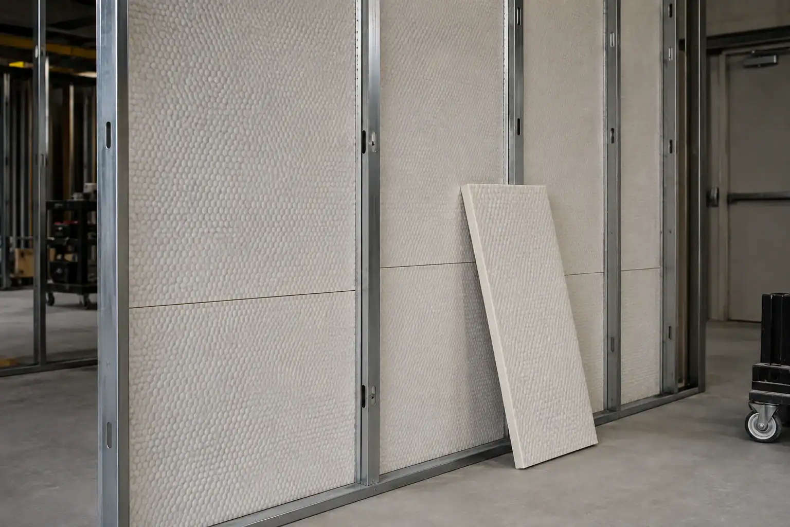A wall made of matching panels, each featuring a light textured diamond pattern, has a panel leaning against it.