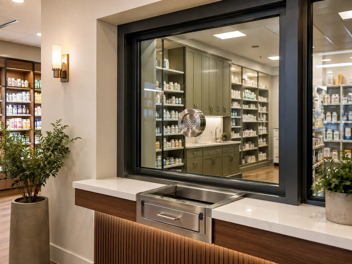 Pharmacy pickup window with drawer, speaker, and ballistic doors protecting medicine shelves behind glass.