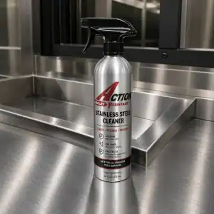 Action Bullet Resistant Stainless Steel Cleaner spray bottle sits on a reflective steel countertop and backsplash.