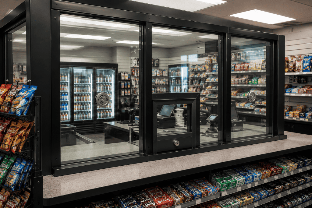 Checkout counter in a convenience store with snacks and bulletproof windows for safety and protection.