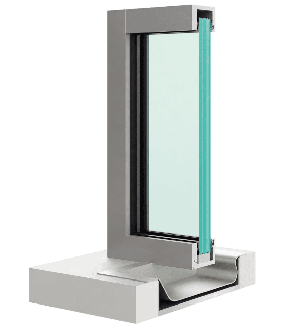 Close-up cross-section of an energy-efficient double-glazed window with a sturdy metal frame.
