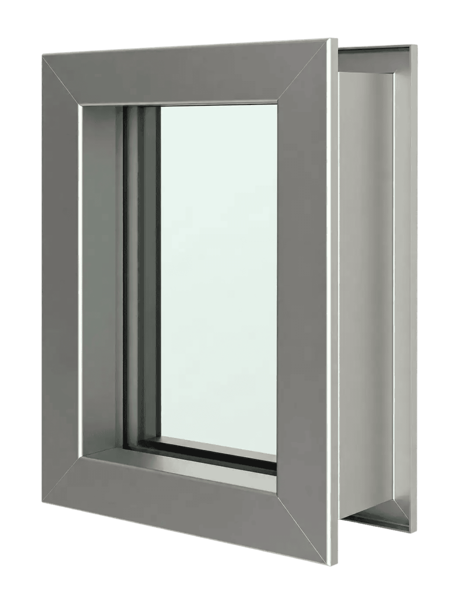 A modern square window with a metal frame and clear glass pane sits angled on a white background.