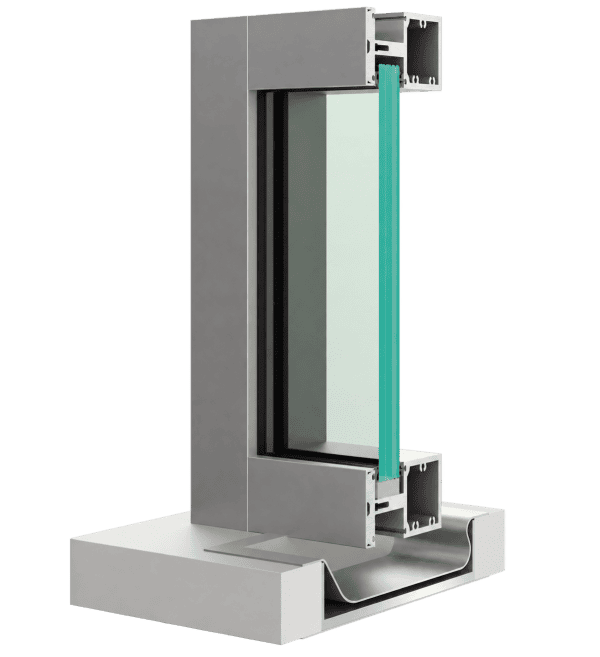 Cross-section of aluminum and glass window frame, detailing the glass pane and frame construction.