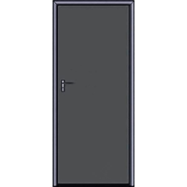 A plain black door with a simple handle is closed, centered on a light gray background.