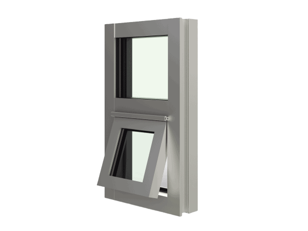 A modern gray-framed window with its bottom pane open outward, matching our bullet resistant doors.
