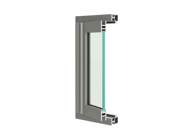 Cross-section view of a bulletproof double-glazed window with an aluminum frame on a white background.