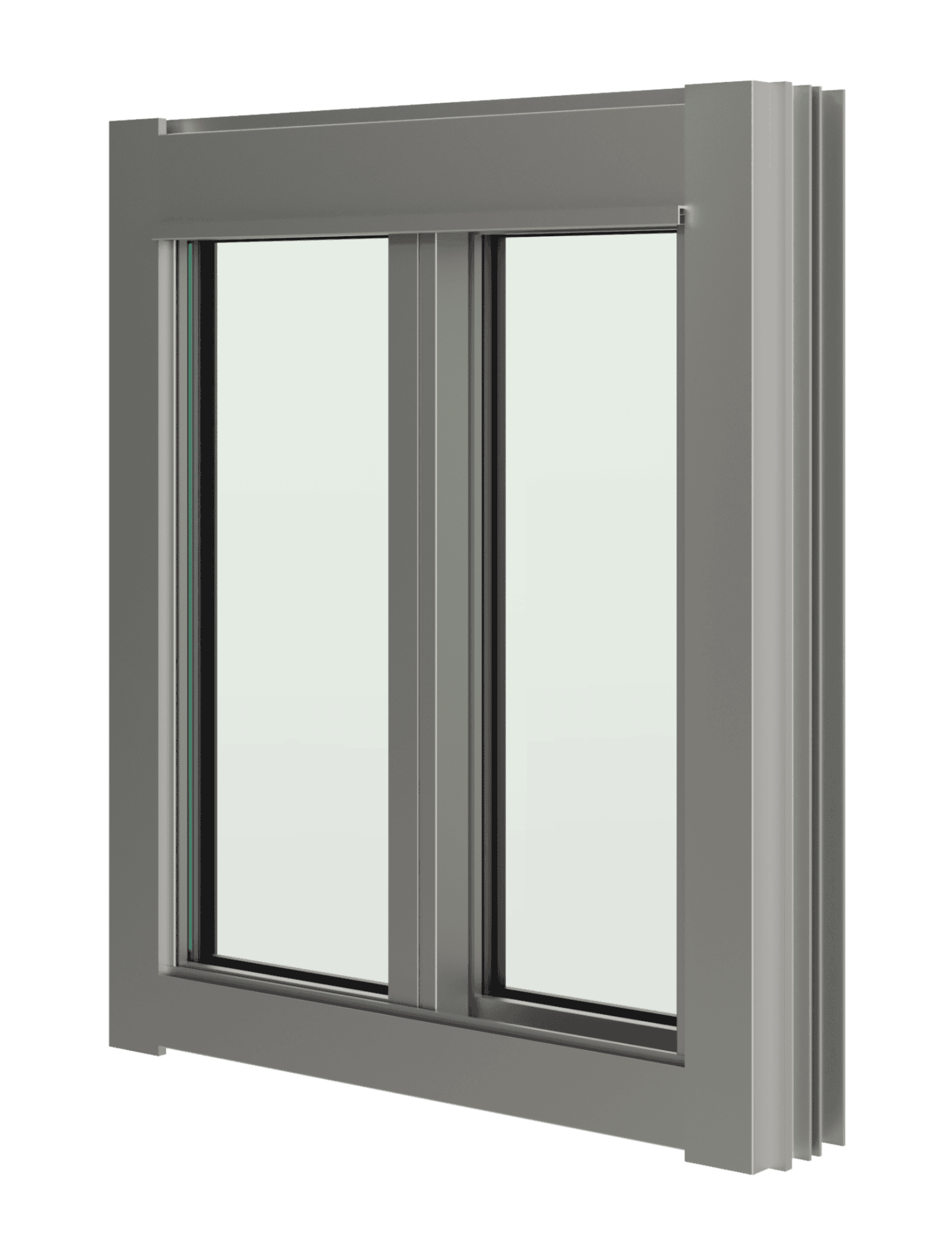 Gray double-pane sliding window with a thick frame displayed on a plain white background.