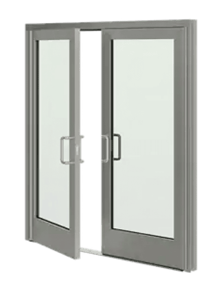 Gray double bulletproof glass doors with handles open inward, displayed on a plain white background.