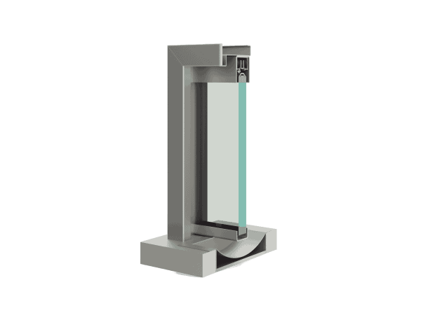Cross-section of a modern aluminum window frame featuring a double-glazed glass panel and bulletproof windows.