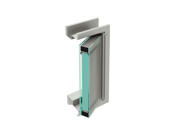 3D rendering of a bulletproof window section displays layered glass panels in a metal frame, isolated.