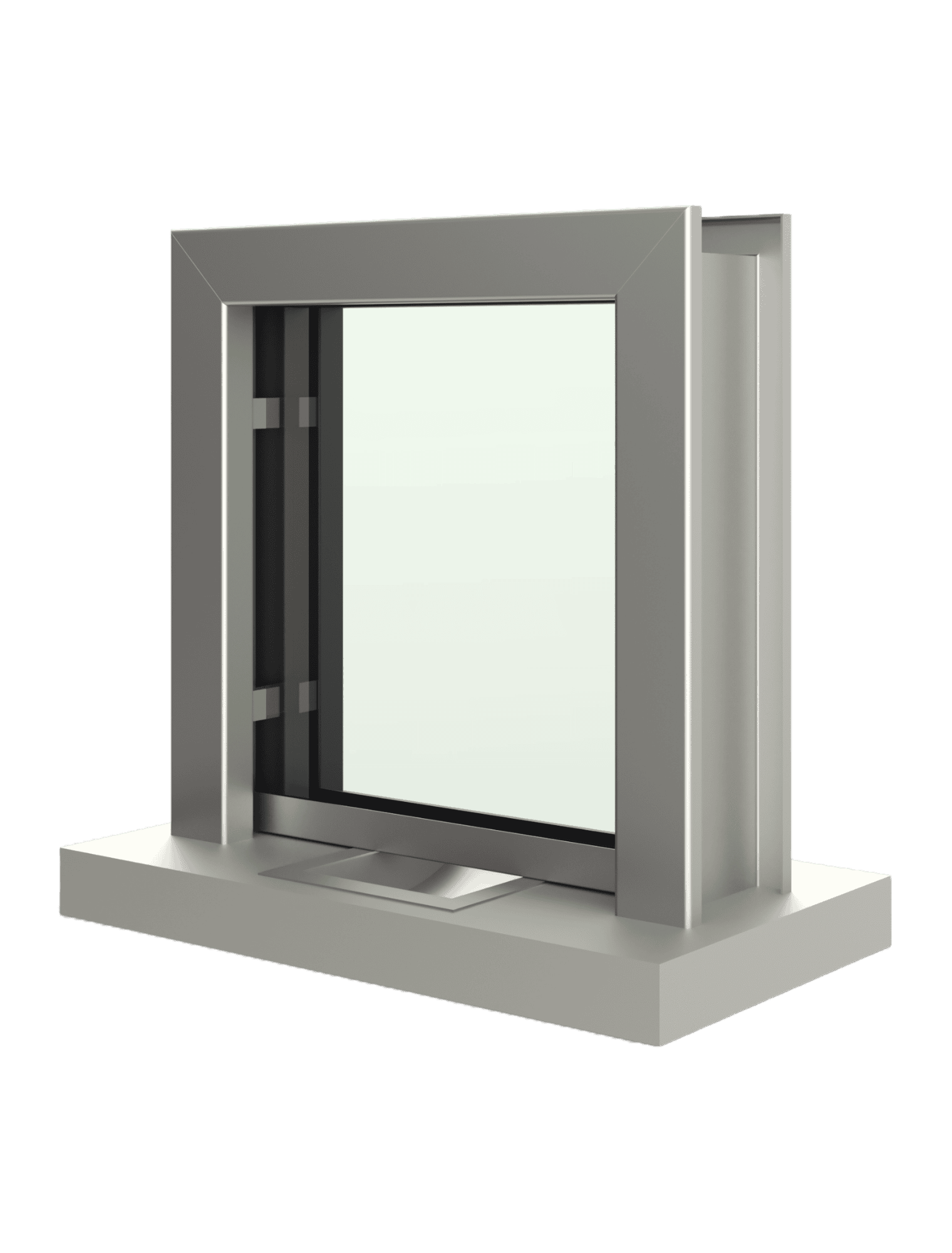 A modern rectangular metal window frame features a large glass pane set on a flat, light-colored base.