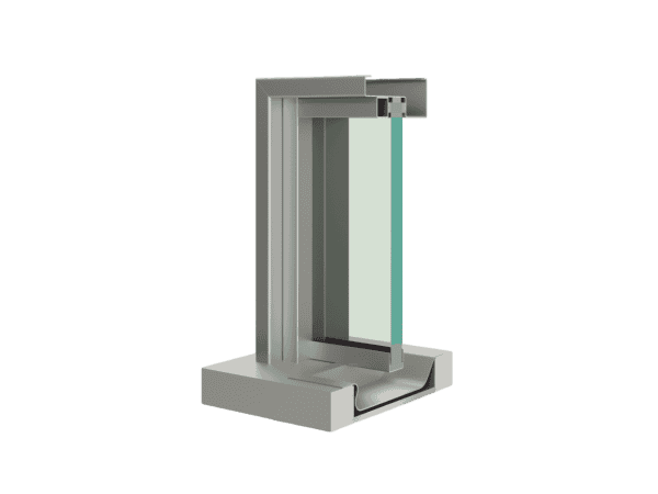 Cross-section of a gray aluminum window frame with clear glass, designed to match bulletproof doors.