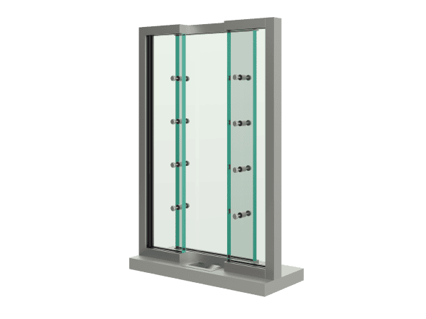 A glass panel window with a gray metal frame and green edges, similar to bullet resistant doors.