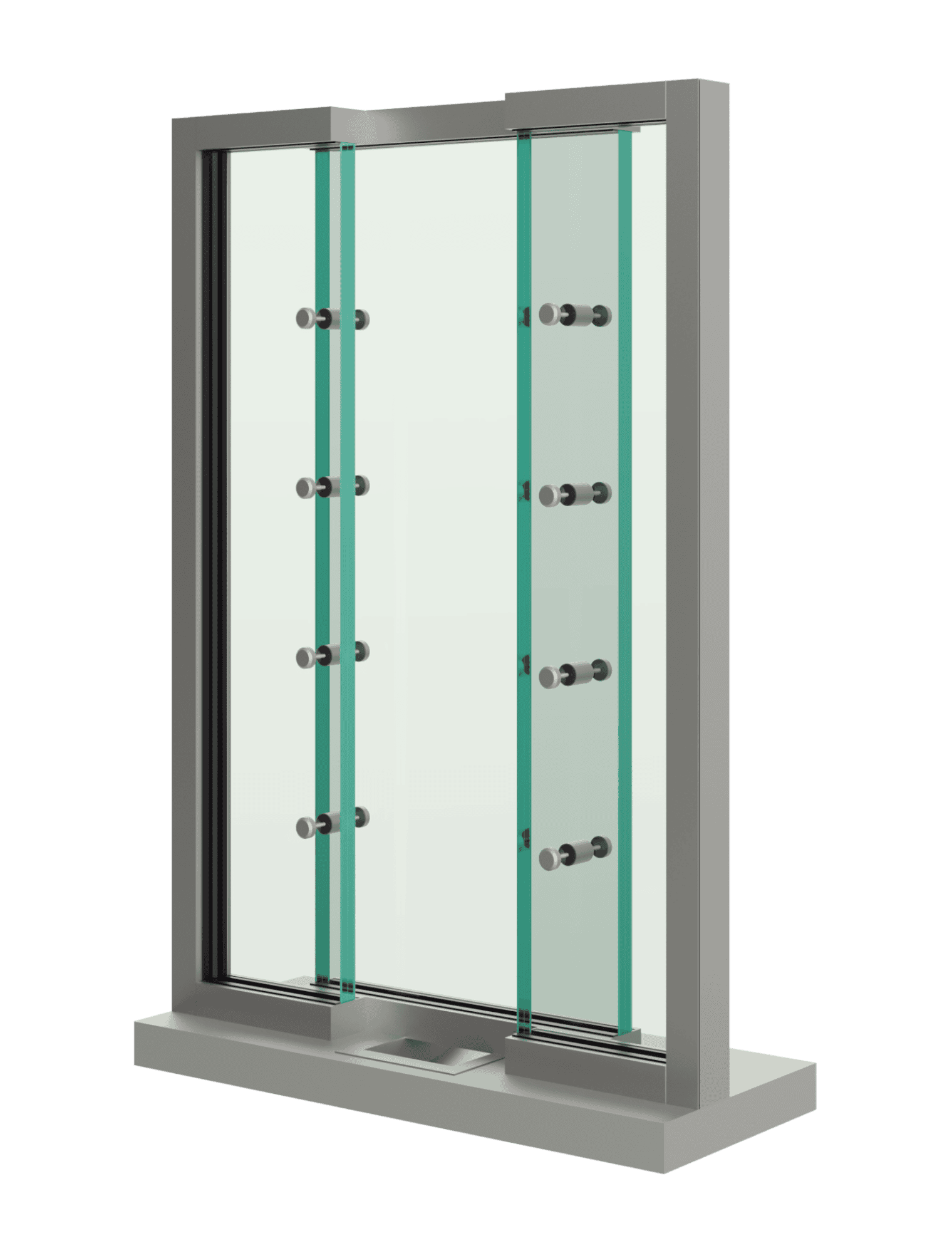 A glass panel window with a gray metal frame and green edges, similar to bullet resistant doors.