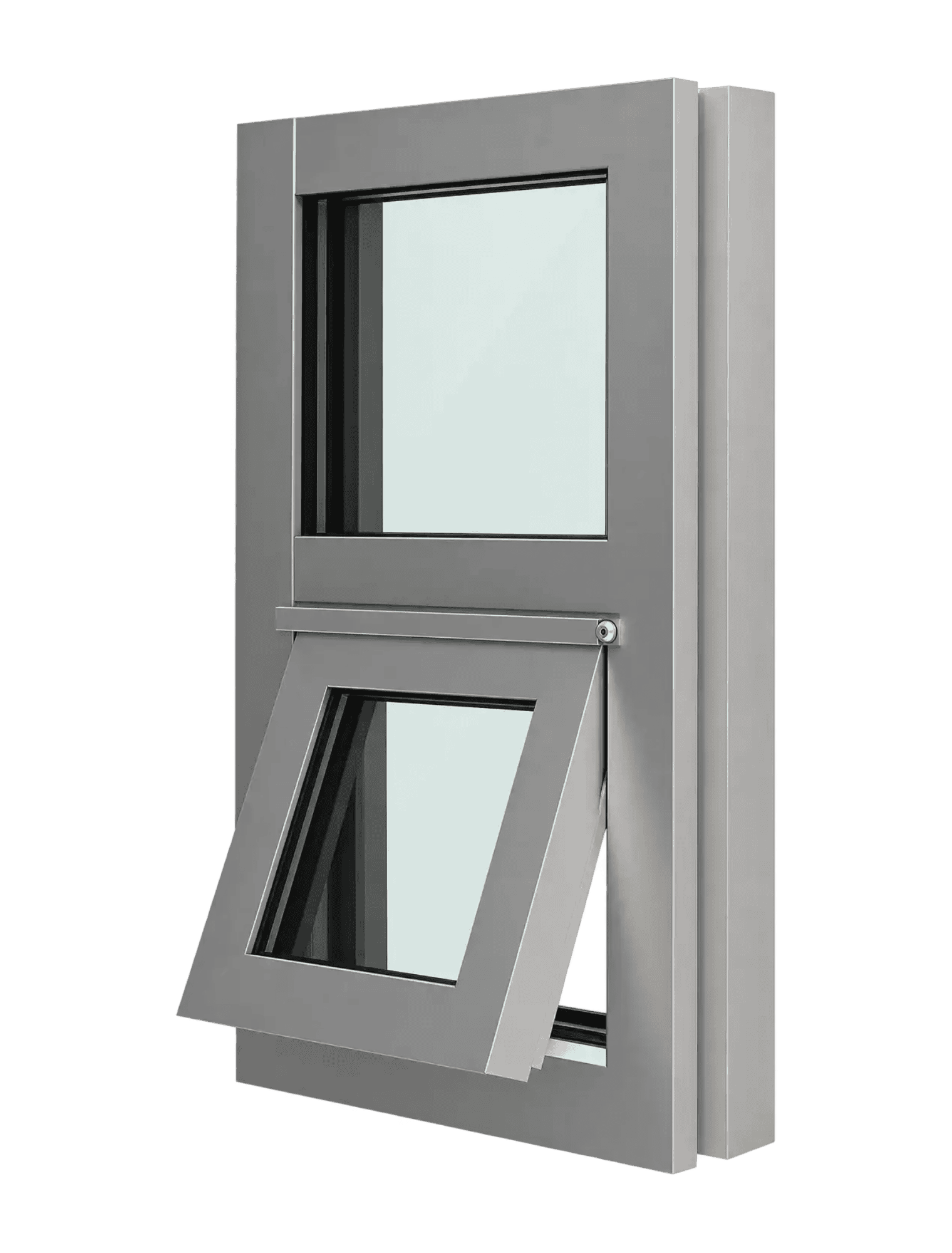 A gray-framed modern window features a hinged lower section that is partially open to the outside.