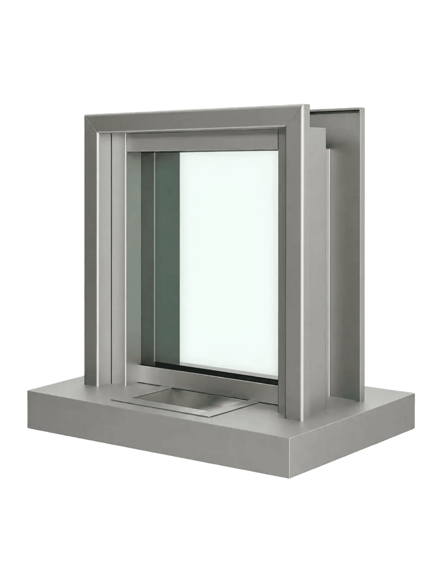 A modern metallic window display model with double panes sits on a rectangular base, featuring clean lines.