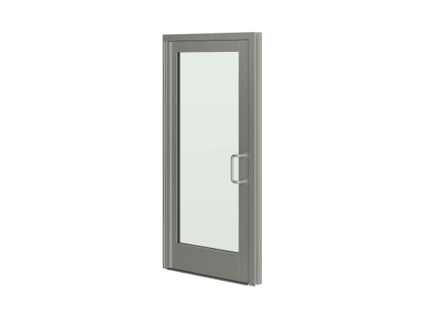A gray-framed bulletproof glass door with a metal handle is displayed against a clean white background.