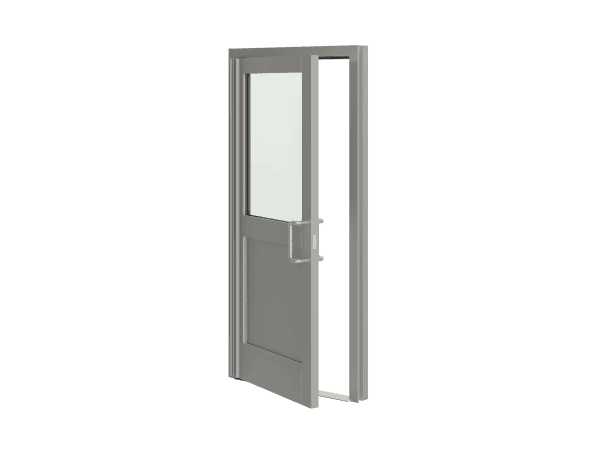 A gray ballistic door with a bulletproof window is partially open, displaying its durable frame and handle.