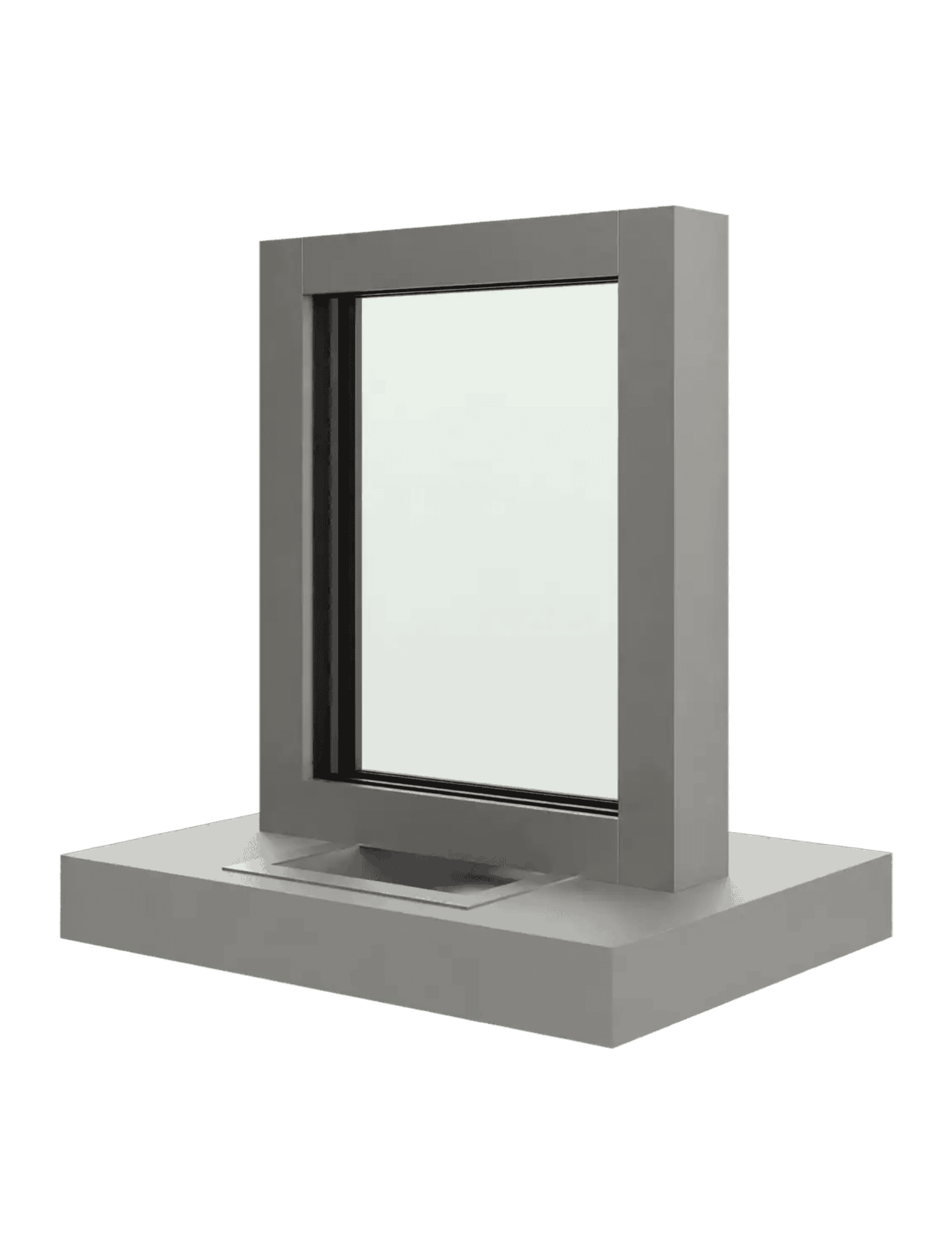 A modern window with a thick gray frame is mounted upright on a rectangular gray platform.