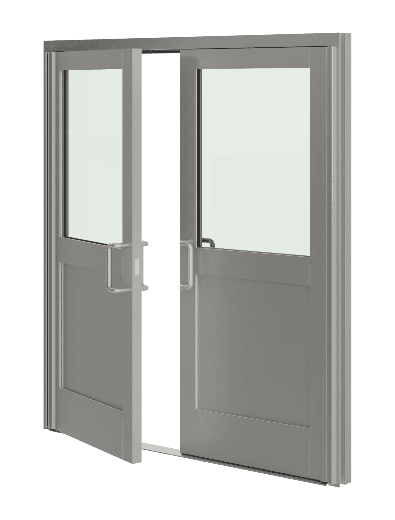 Gray double doors, each with a large rectangular window, are partially open in this image.