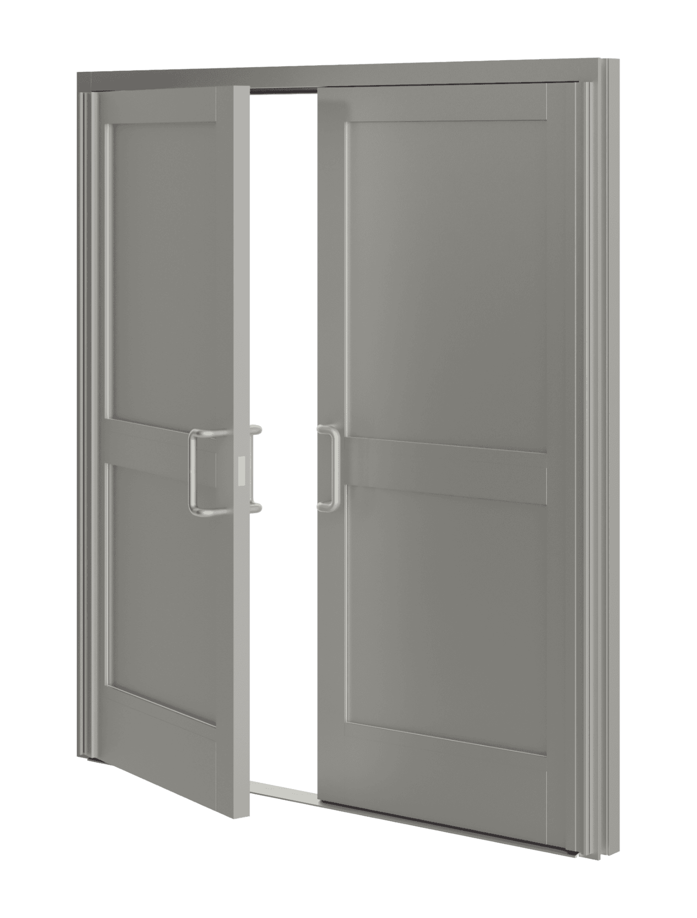 Gray double doors with metal handles, one slightly open, stand before a bright white background scene.