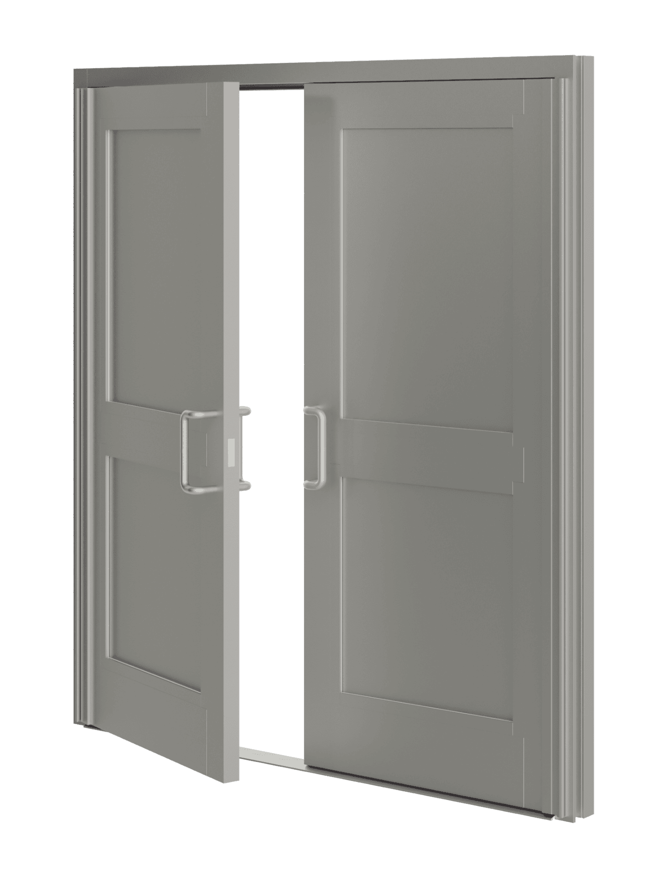 Gray double doors, one slightly open with metal handles, are set against a plain white background.