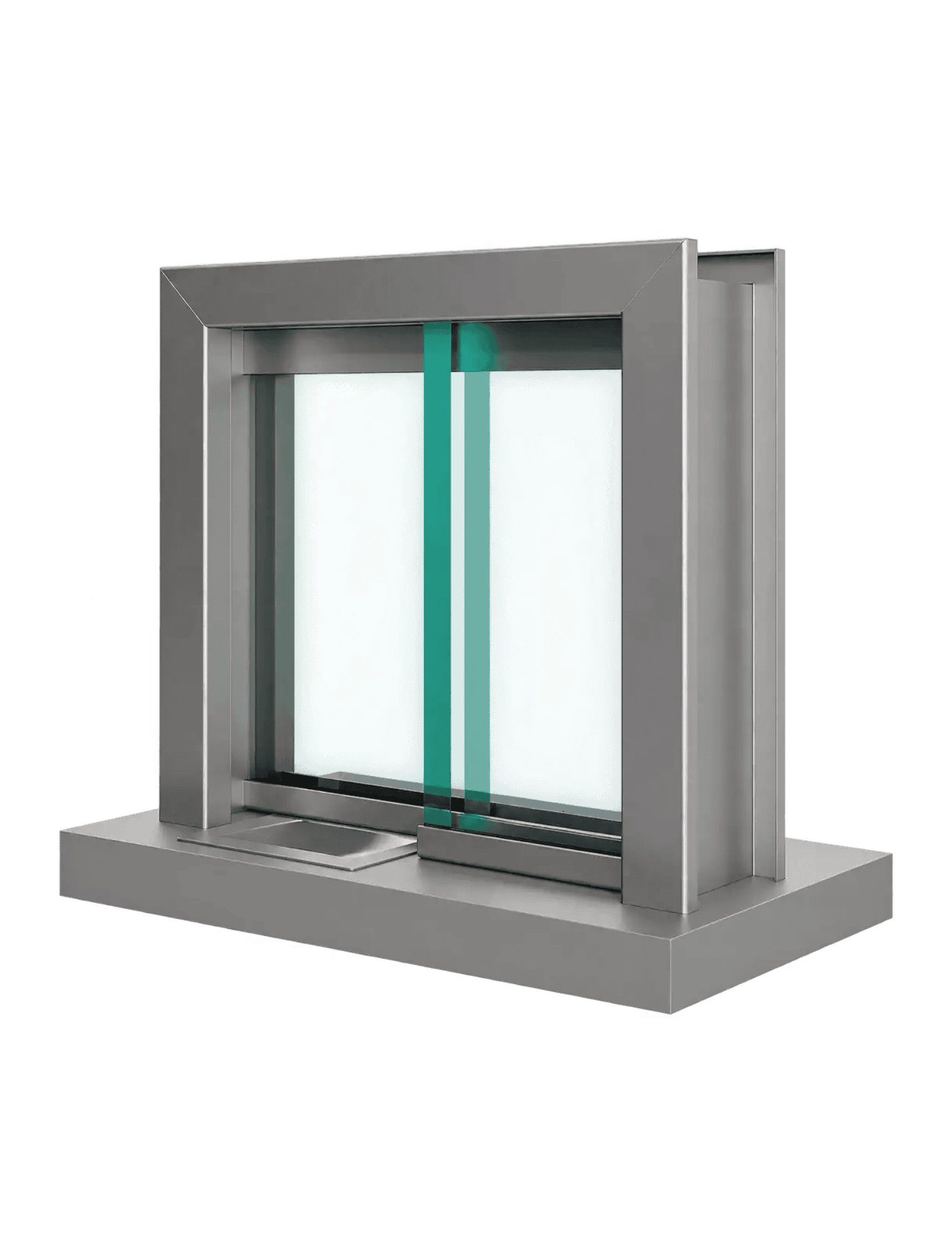 A thick glass window in a metal frame sits on a rectangular base with a white background.