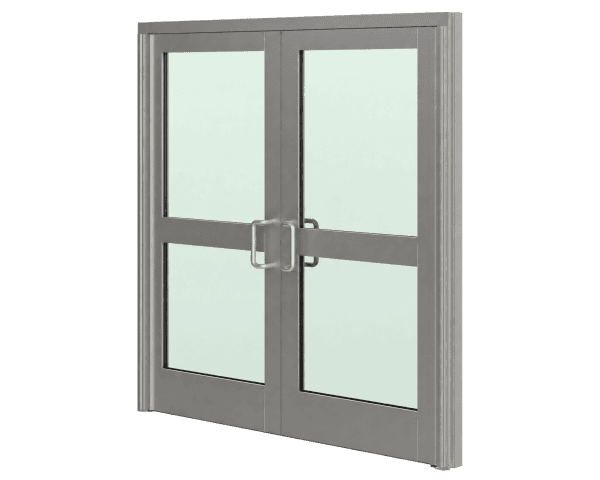 Double glass doors with sturdy metal frames and handles closed against a plain white backdrop.