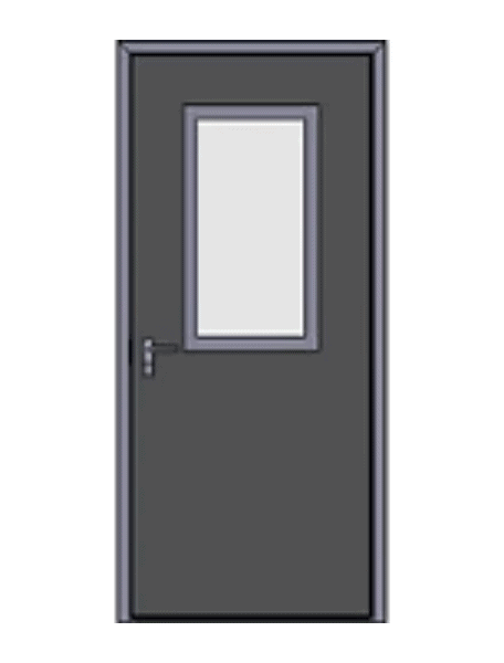 Gray metal door with left-side handle and rectangular window, viewed from the front for accessibility.