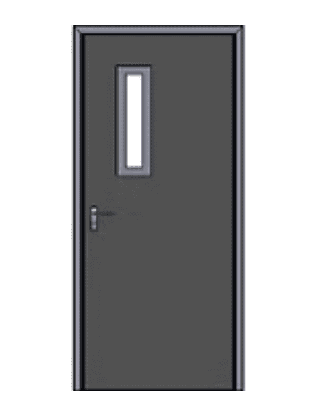 A closed gray door features a rectangular window near the top and a left-side handle for convenient entry.