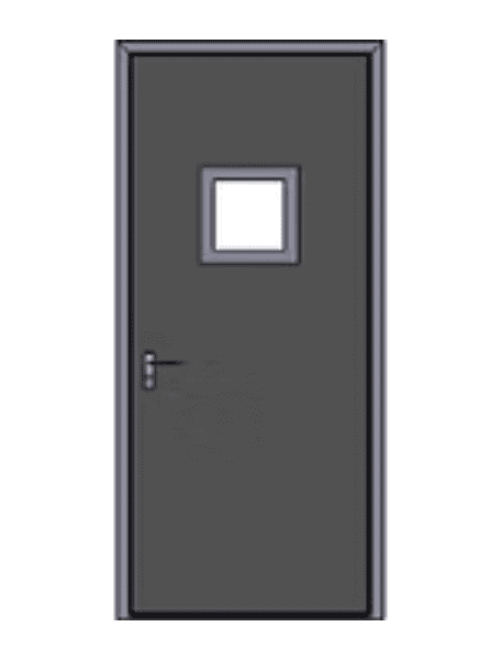 A closed gray door with a small square window and a handle on the left side is shown in this image.