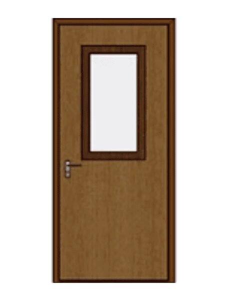 A closed wooden door features a rectangular glass window and a silver handle on its left side.