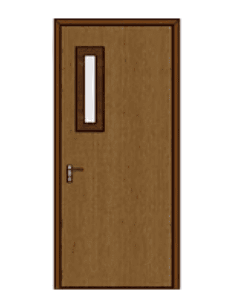 Brown wooden door featuring a rectangular window near the top and a left-side silver handle.
